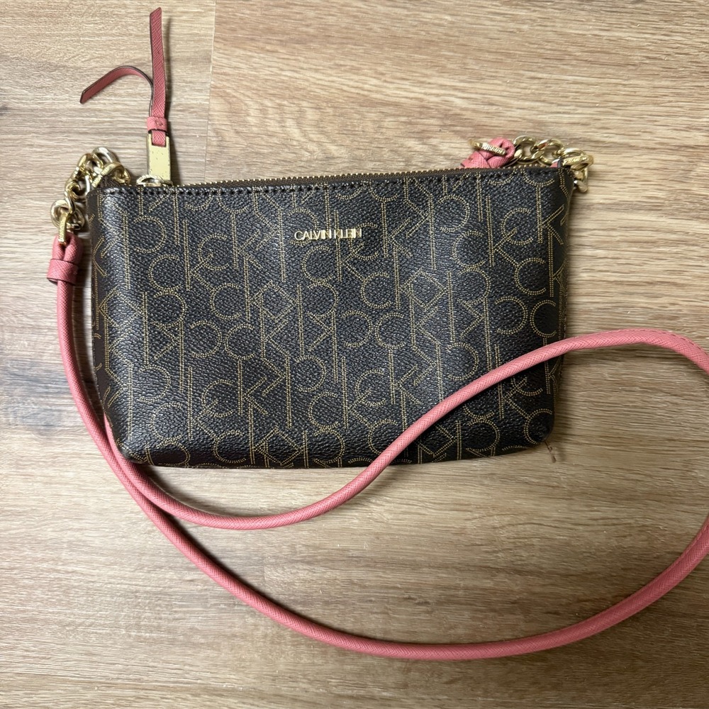 Calvin Klein Hayden Crossbody Bag Womens Brown Small Pink Monogram Print Preppy